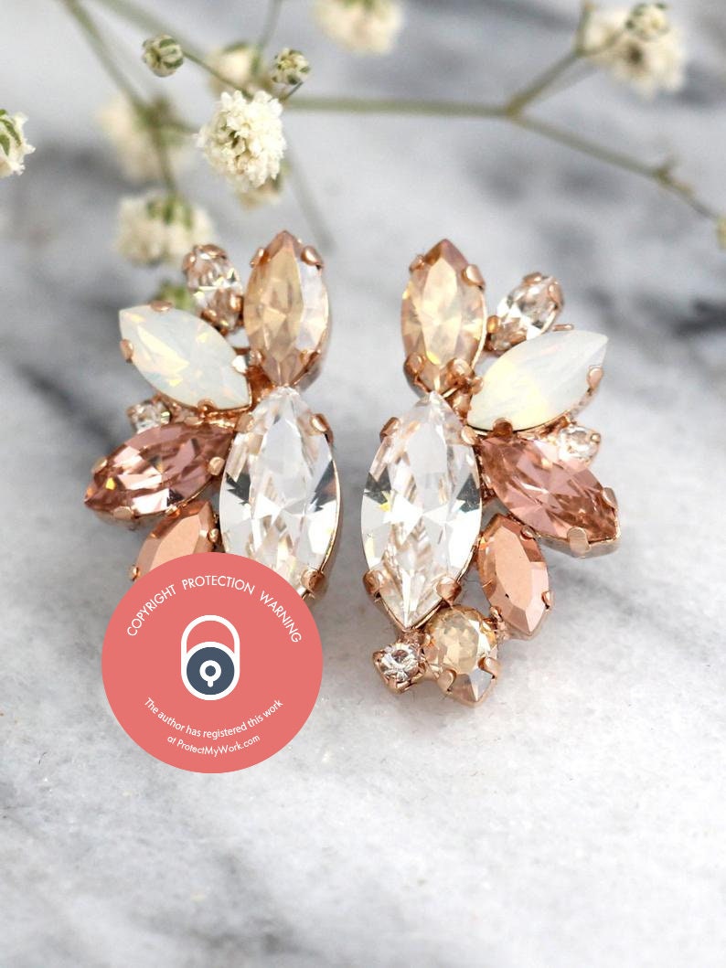 Rose Gold Champagne Cluster Earrings, Blush Bridal Earrings,Bridal Rose Gold Earrings, Bridesmaids Earrings, White Opal Champagne Studs image 2