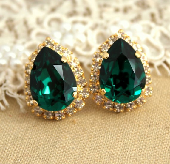 Emerald earrings Emerald stud earrings Emerald Swarovski Green | Etsy