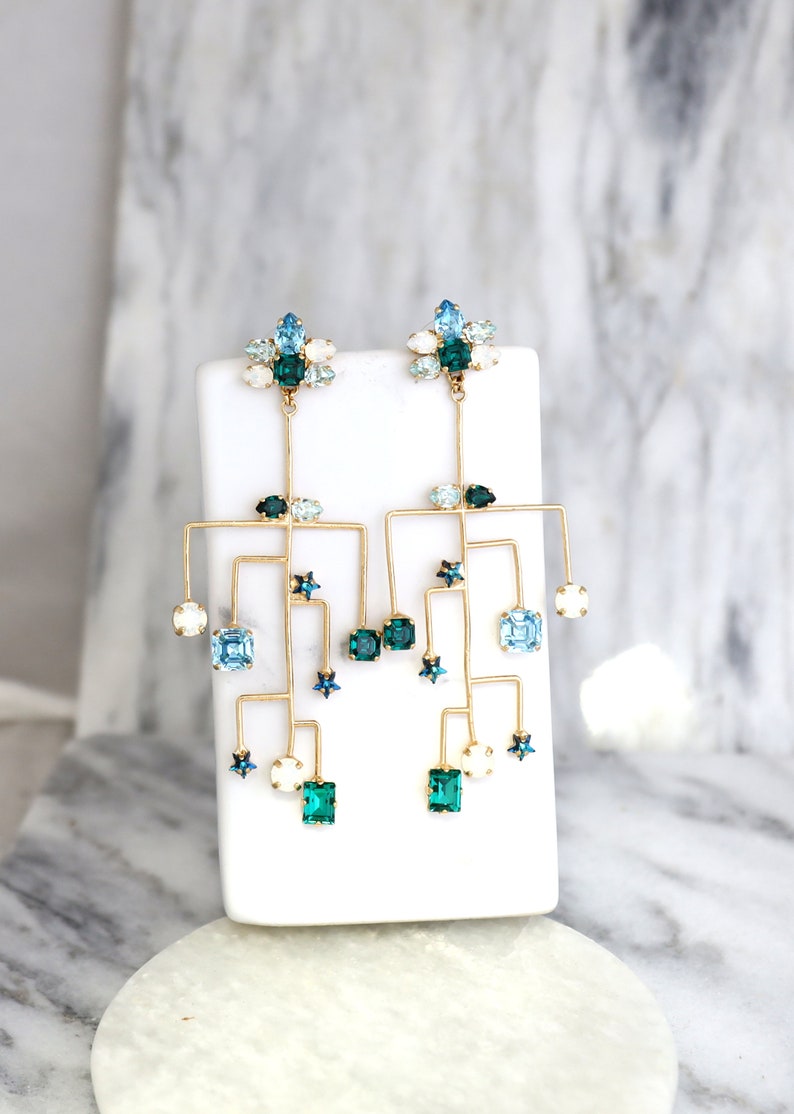 Chandelier Earrings, Long Statement Emerald Earrings, Light Drop Dangle Earrings, Trending Crystal Earrings, Bridal Crystal Earrings image 8