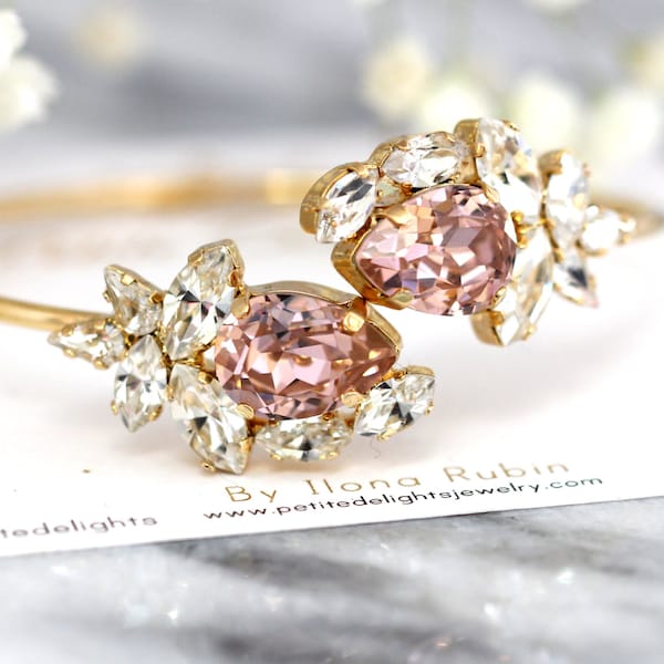 Brudarmband i blush-stil, brudarmband i blush-stil med öppen manschett, armband i dusty rose, present till henne, armband i guld med vitage-rosékristaller