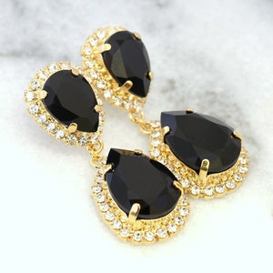 Black Gold Chandelier earrings, Wedding Black Statement Earrings, Black Crystal Earrings, Black gold long earrings, Long Black Earrings image 3