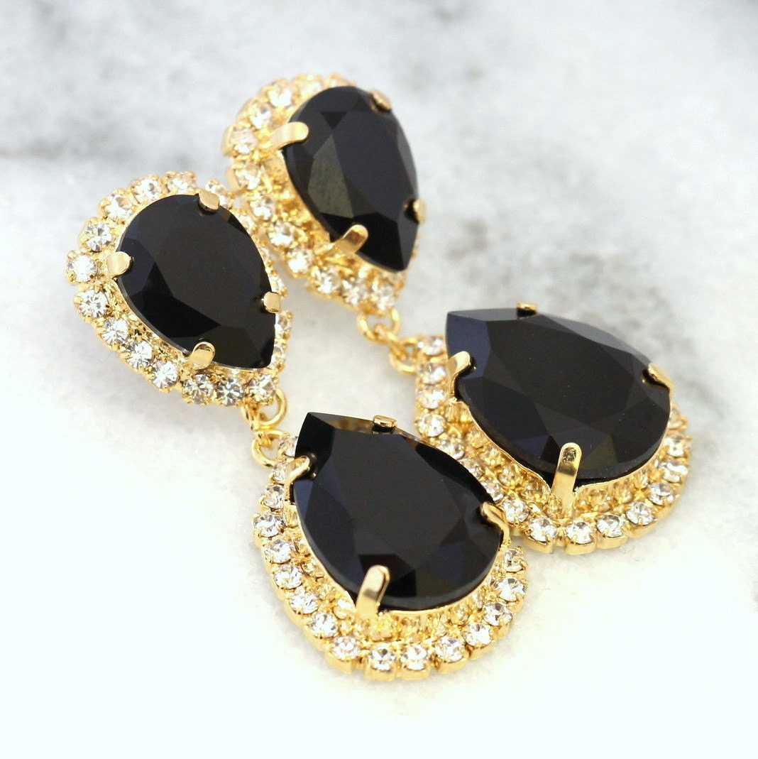 Black Gold Chandelier Earrings Wedding Black Statement Etsy