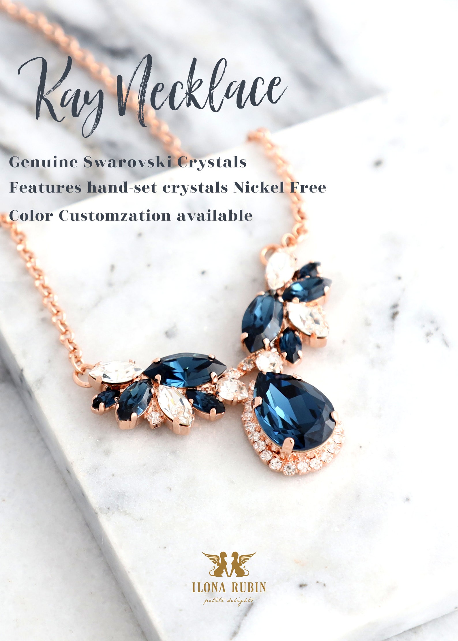 BLUE NAVY Necklace, Bridal Blue Navy Crystal Statement Necklace, Dark ...
