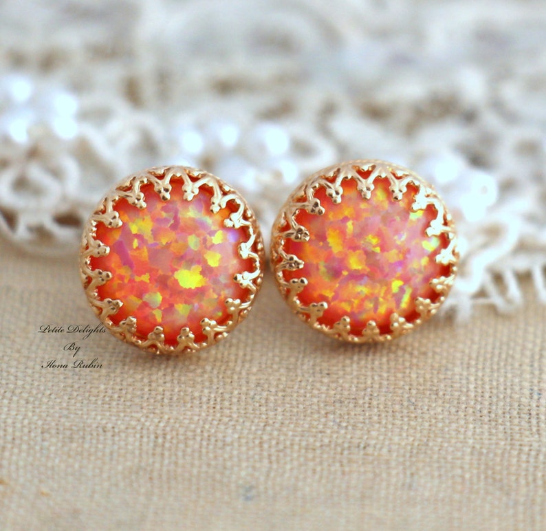 Opal Stud Earrings, Australian Fire Opal Earrings, Gift for her, Christmas Gift, Christmas Gift, Opal Gold Earrings, Orange Stud Earrings image 3