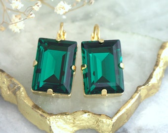 Emerald Earrings, Emerald Drop Crystal Earrings, Bridal Emerald Drop Earrings, Emerald Green Crystal Earrings, Emerald Cut Earrings