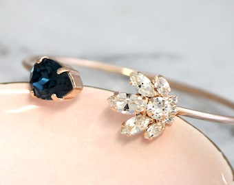 Bridal Bracelet, Blue Navy Bridal Cuff Bracelet, Blue Bridal Crystal Bracelet, Navy Blue Bracelet, Bridesmaids Jewelry, Open Cuff Bracelet