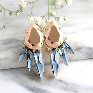 Pendientes azul marino, pendientes de cristal azul marino, pendientes llamativos de oro azul marino, pendientes de oro azul marino para novias, pendientes de dama de honor