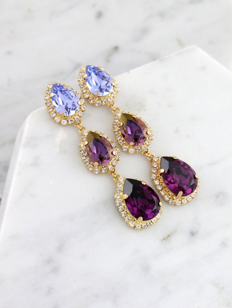 Purple Chandelier, Bridal purple LONG Earrings, Purple Drop Bridal Earrings, Bridal Purple Crystal Earrings, Lilac Purple Statement Earrings image 3