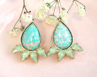 Opal Earrings, Opal Stud Earrings, Mint Green Earrings, Gift For Woman, Opal Jewelry, Mint Green Crystal Earrings, Green Opal Earrings.