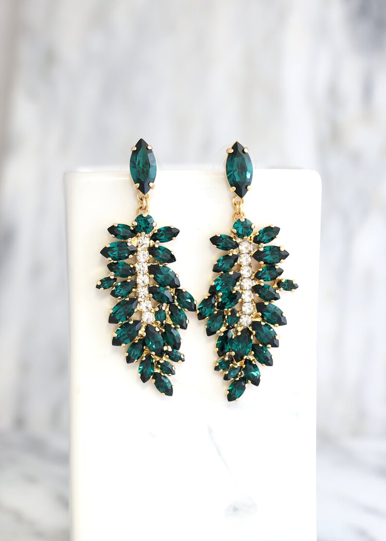 Emerald Statement Long Earrings, Emerald Green Chandelier Earrings, Bridal Emerald Green Earrings, Emerald Wedding, Chandelier Earrings image 9