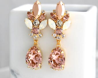 Blush Chandelier Earrings, Bridal Rose Gold Earrings, Bridal Blush Dangle Drop Earrings, Morganite Chandelier Earrings, Statement Earrings