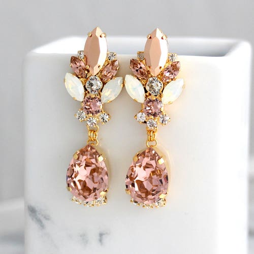 Boucles d'oreilles lustre rose pâle, Boucles d'oreilles de mariée en or rose, Boucles d'oreilles pendantes rose poudré, Boucles d'oreilles lustre morganite, Boucles d'oreilles tendance