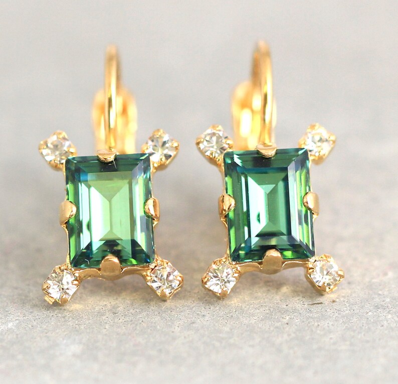 Green Drop Earrings Dainty Crystal Earrings Swarovski Etsy