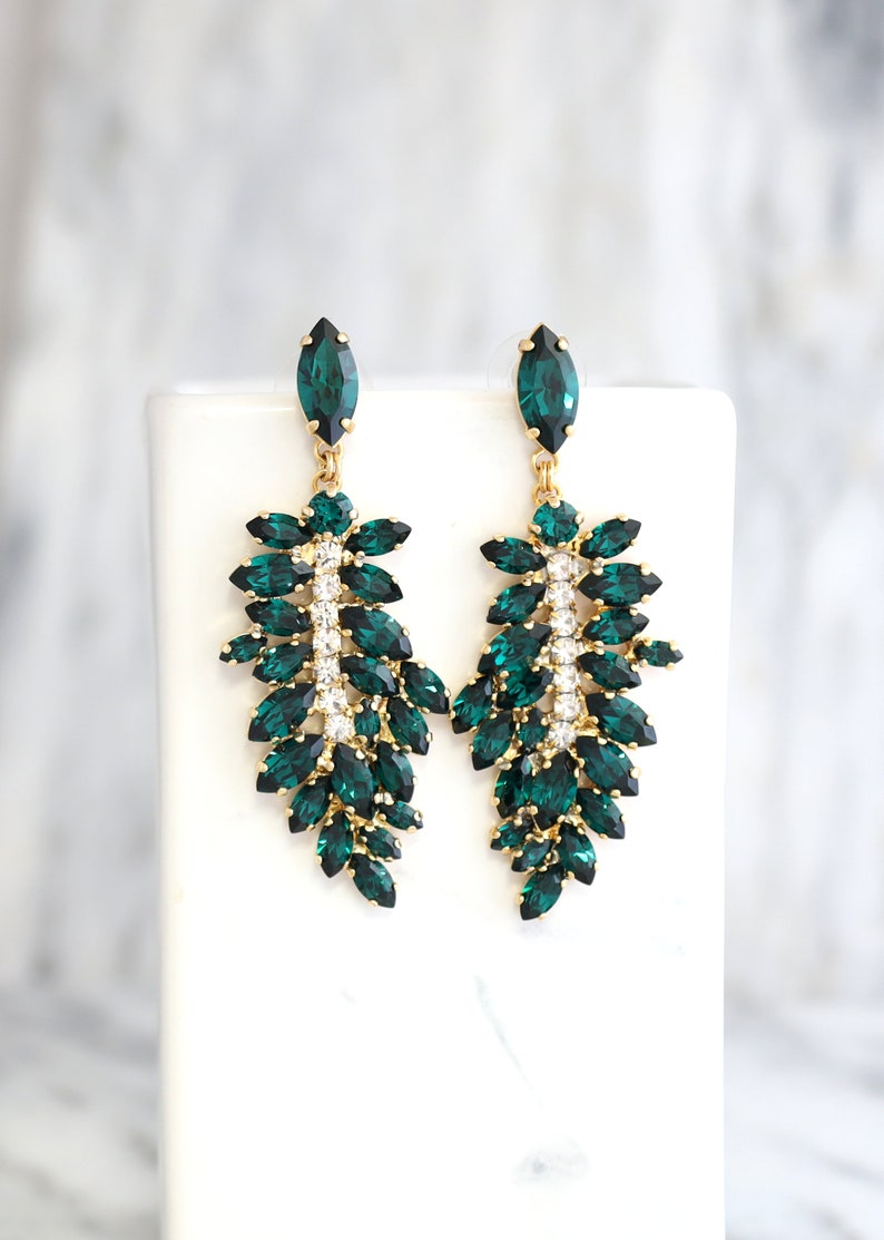 Emerald Statement Long Earrings, Emerald Green Chandelier Earrings, Bridal Emerald Green Earrings, Emerald Wedding, Chandelier Earrings image 1