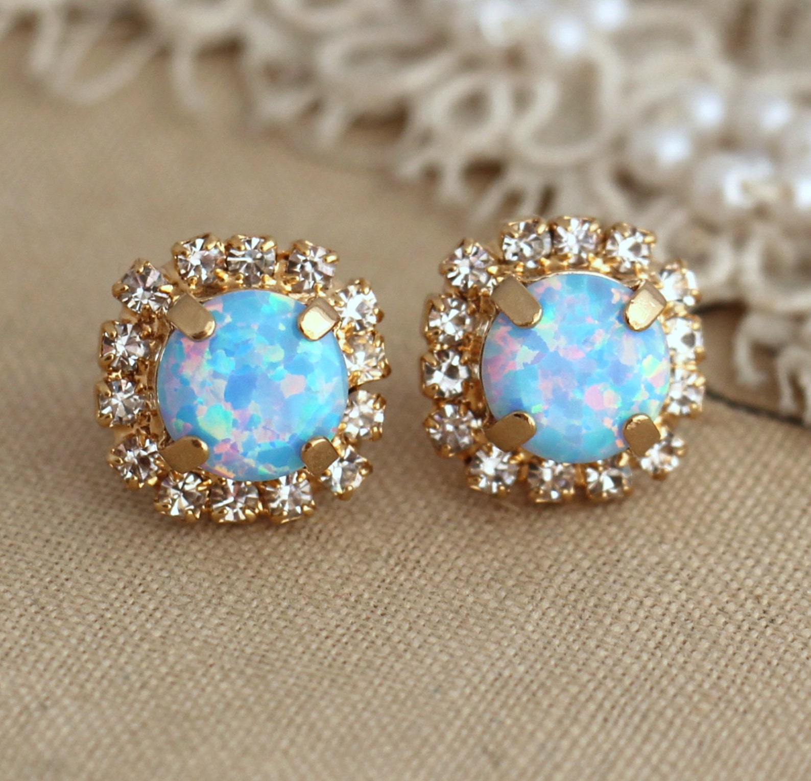 Opal Blue Earringssky Blue Opal Stud Earrings Crystal Etsy