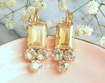 Bridal Champagne Earrings, Champagne Earrings, Bridal champagne Earrings, Crystal Gold Emerald Cut Earrings, Bridesmaids Champagne Earrings