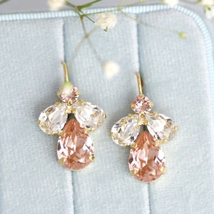 Blush Bridal Earrings, Blush Rose Drop Crystal Earrings, Bridal Dusty Pink Drop Earrings, Peach Dangle Earrings, Morganite Bridal Earrings