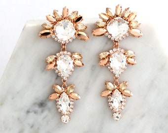 BRIDAL CRYSTAL EARRINGS, Statement Bridal Earrings, Bridal Rose Gold Earrings, Bridal Dangle Earrings, Bridal Chandelier Rose Gold Earrings