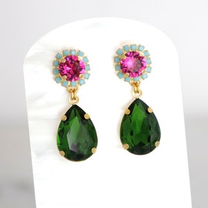 Green Pink Earrings, Green Peridot Pink Drop Earrings, Pink Green Chandelier Earrings, Green Pink Crystal Earrings, Pink Green Jewelry image 8