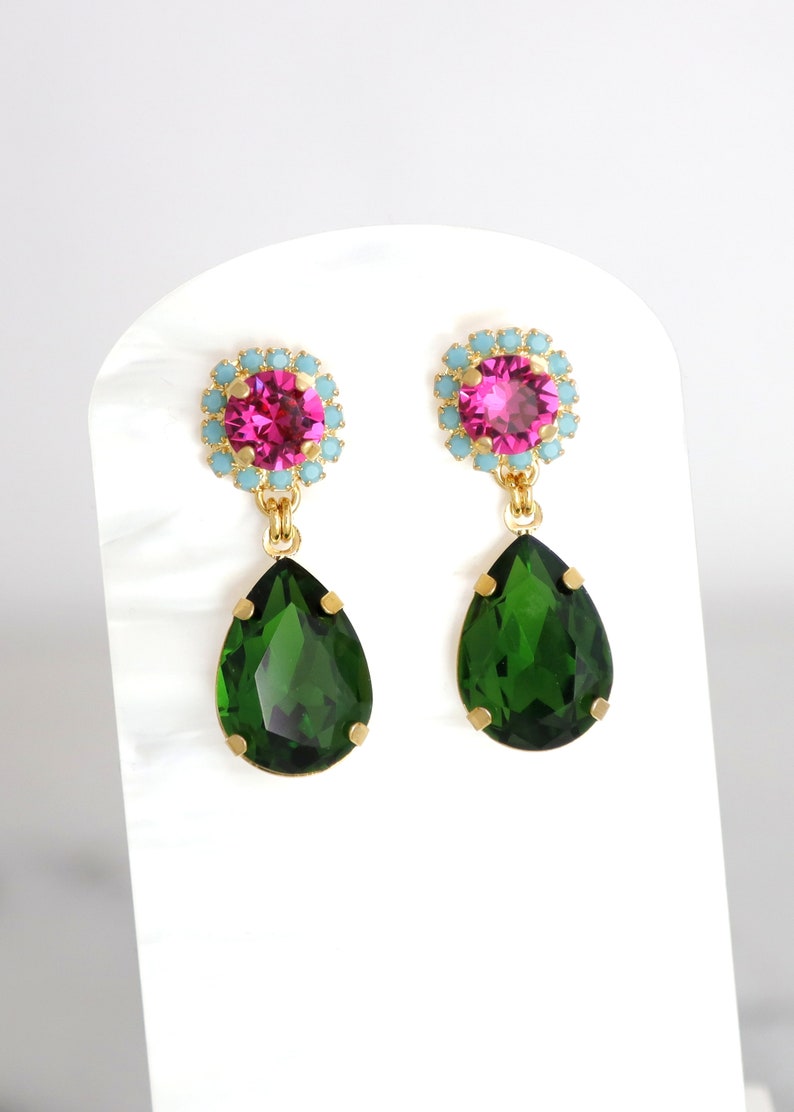 Green Pink Earrings, Green Peridot Pink Drop Earrings, Pink Green Chandelier Earrings, Green Pink Crystal Earrings, Pink Green Jewelry image 8