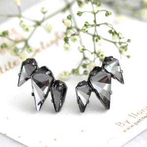 Black Earrings, Black Climber Earrings, Bridal Black Earrings, Gray Earrings, Gothic Studs, Gift For Her, Black Crystal Geometric Earrings image 1