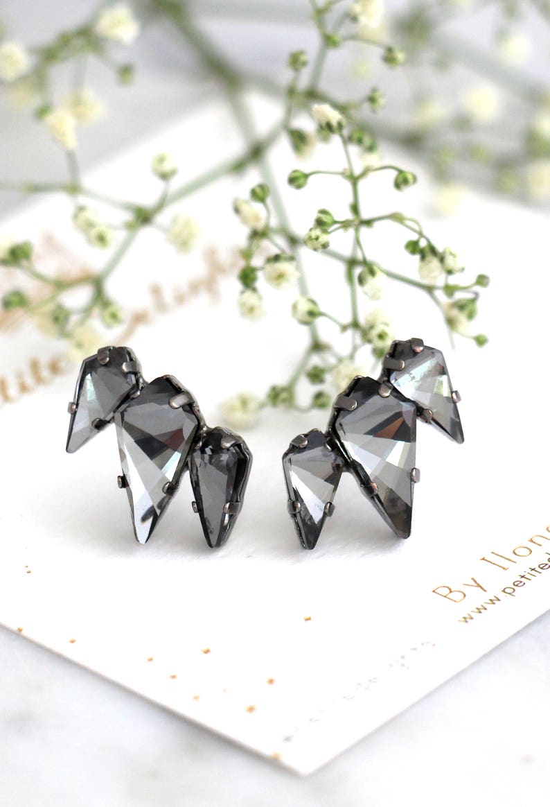 Black Earrings, Black Climber Earrings, Bridal Black Earrings, Gray Earrings, Gothic Studs, Gift For Her, Black Crystal Geometric Earrings image 1
