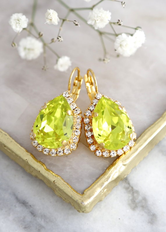Neon Green Crystal Earrings, Citrus Green Crystal Drop