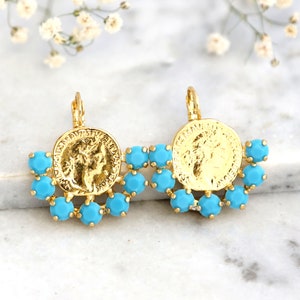 Turquoise Gold Earrings, Gold Coin Drop Earrings, Greek Coin Earrings, Bridal Boho Earrings, Vintage Style Earrings, Coin Gold Earrings