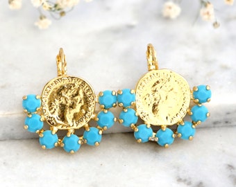 Turquoise Gold Earrings, Gold Coin Drop Earrings, Greek Coin Earrings, Bridal Boho Earrings, Vintage Style Earrings, Coin Gold Earrings