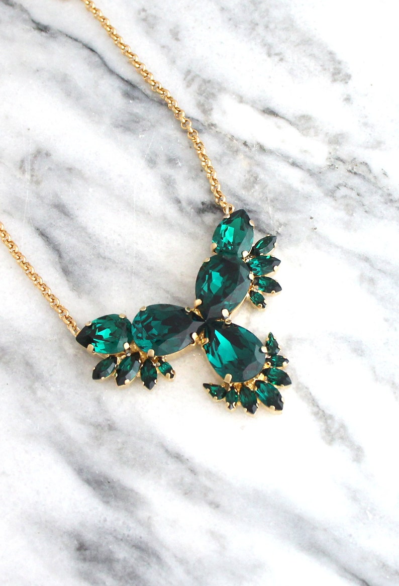 Emerald Statement Necklace, Green Emerald Crystal Gold Necklace, Bridal Emerald Green Necklace, Statement Necklace, Dark Green Necklace image 9