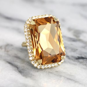 Cocktail Crystal Ring, Statement Gold Crystal Ring, Champagne Crystal Adjustable Cocktail Ring, Statement Crystal Champagne Gold Ring.
