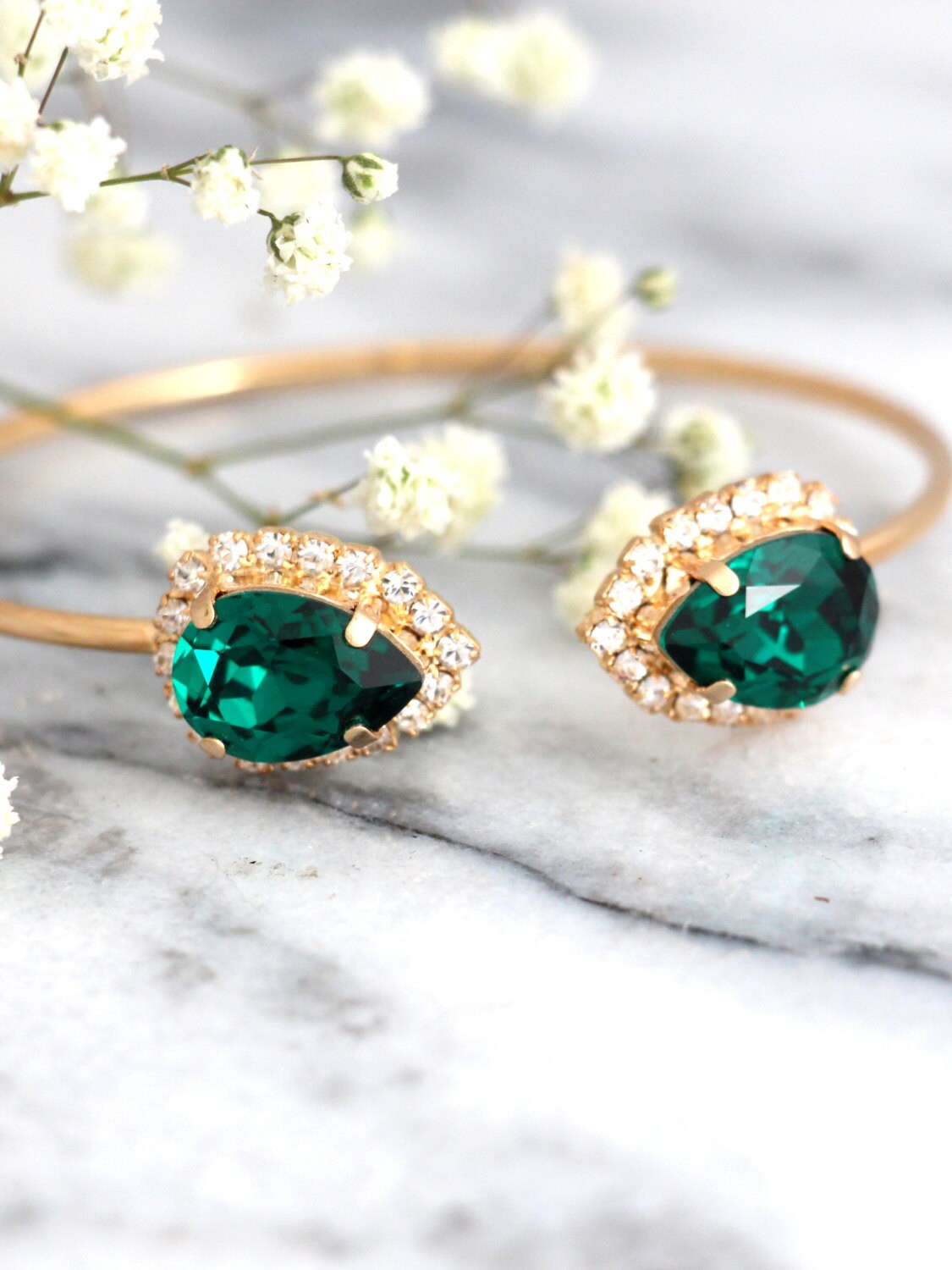 Emerald Green Bracelet, Emerald Bridal Bracelet, Bridal Emerald Open Cuff Bracelet, Bridesmaids Gifts, Rose Gold Emerald Green Bracelet