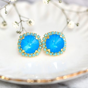 Pendientes de perno azul eléctrico, pendientes de cristal austriaco azul neón, pendientes de cristal azul azur, joyería azul eléctrico, pendientes de damas de honor imagen 5