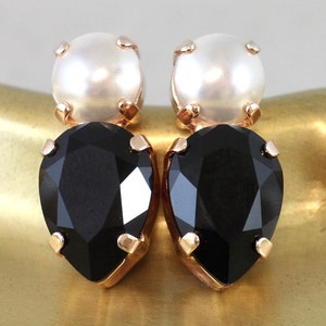 Black Earrings, Black Stud Crystal Earrings, Black White Crystal Earrings, Pearls and Crystals Earrings, Gift For Her ,Black Teardrop Studs.