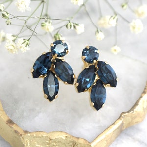 Blue Clip On Earrings, Bridal Blue navy Clip On Earrings, Dark Blue Crystal Bridal Clip On Earrings, Sapphire Dark Blue Crystal Earrings