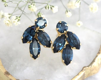 Blue Clip On Earrings, Bridal Blue navy Clip On Earrings, Dark Blue Crystal Bridal Clip On Earrings, Sapphire Dark Blue Crystal Earrings