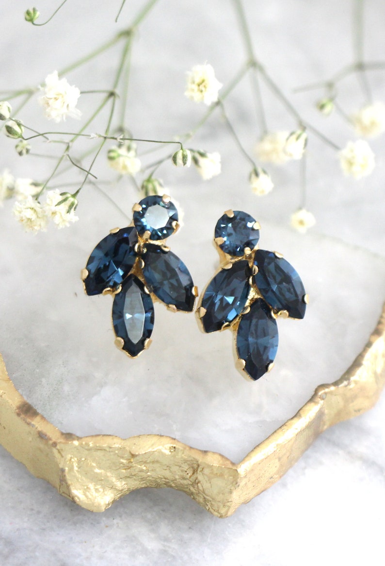 Blue Clip On Earrings, Bridal Blue navy Clip On Earrings, Dark Blue Crystal Bridal Clip On Earrings, Sapphire Dark Blue Crystal Earrings image 1