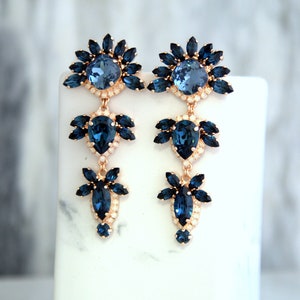 Blue Navy Earrings, Bridal Blue Navy LONG Earrings, Dark Blue Chandelier Earrings, Blue Navy Crystal Long Earrings, Navy Blue Wedding