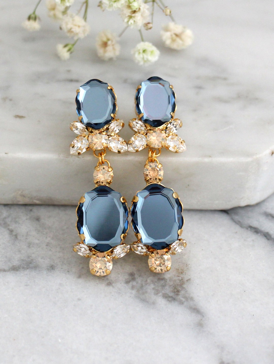 Bridal Blue Navy Earrings, Dark Blue Drop Earrings, Crystal Blue ...