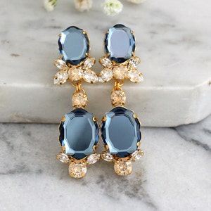 Bridal Blue navy Earrings, Dark Blue Drop Earrings, Crystal Blue Chandelier Earrings, Dark Night Dangle Earrings, Bridal Drop Earrings image 1