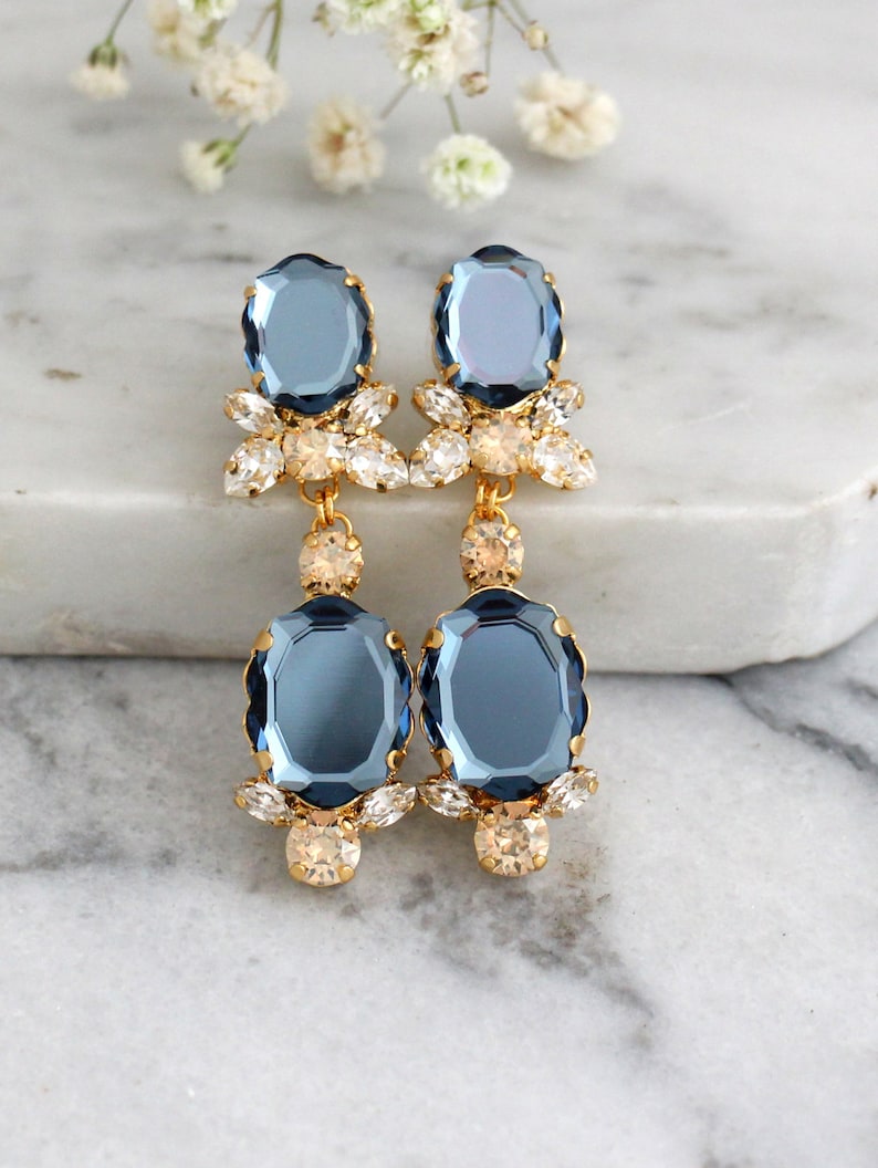 Bridal Blue navy Earrings, Dark Blue Drop Earrings, Crystal Blue Chandelier Earrings, Dark Night Dangle Earrings, Bridal Drop Earrings image 1