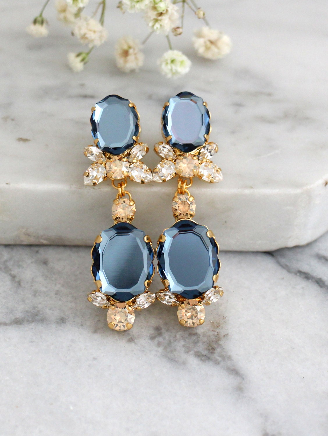 Unique blue crystal clip-on vintage earrings - Katheley's