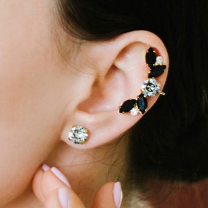 Black Gold Ear Climber Earrings, Black Crystal Ear Cuff earrings, Black Gray Bridal Ear Crawler Earring, Ear Crawler Earrings