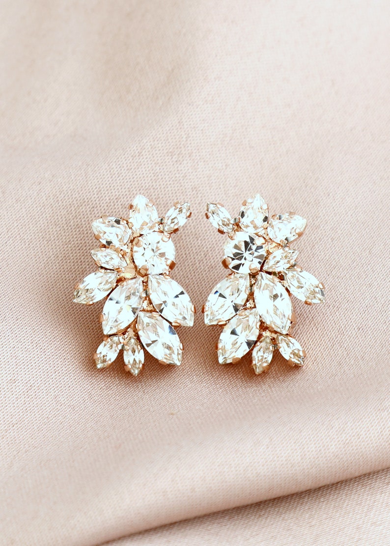 Bridal Earrings, Clear Crystal Bridal Cluster Earrings, Bridal Cluster Crystal Earrings, Crystal Stud Earrings, Bridal Rose Gold Earrings image 1