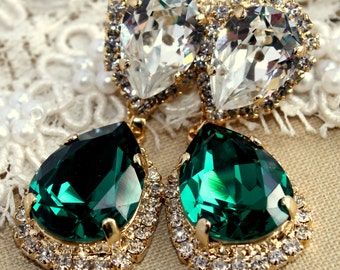 Emerald chandelier earring, Estate earrings, Bridal Emerald Chandelier Drop Crystal Earrings, Green Emerald Crystal Gold Earrings.