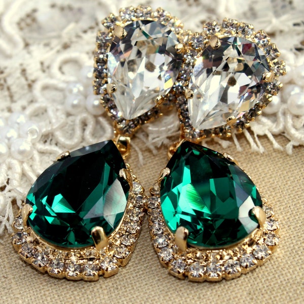Emerald chandelier earring, Estate earrings, Bridal Emerald Chandelier Drop Crystal Earrings, Green Emerald Crystal Gold Earrings.