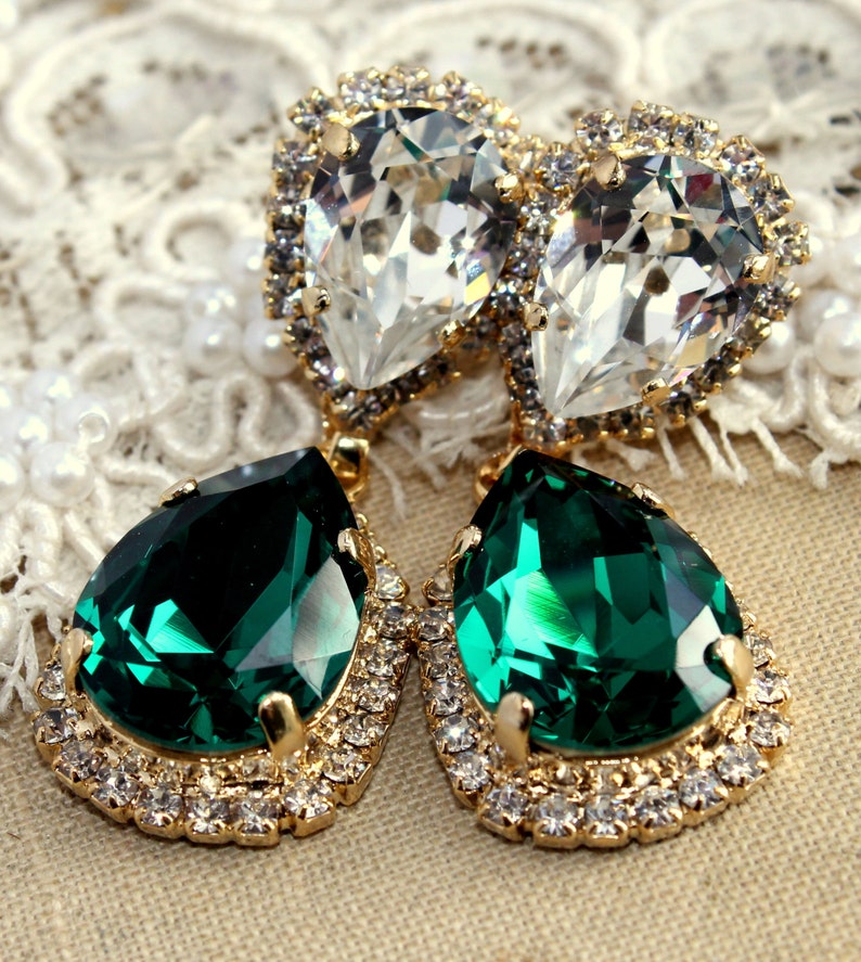 Emerald chandelier earring, Estate earrings, Bridal Emerald Chandelier Drop Crystal Earrings, Green Emerald Crystal Gold Earrings. image 1