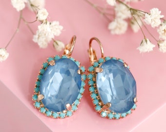 Blue Denim Crystal Earrings, Blue Crystal Drop Earrings, Denim Blue Earrings, Gift For Woman, Handmade Earrings, Blue Earrings