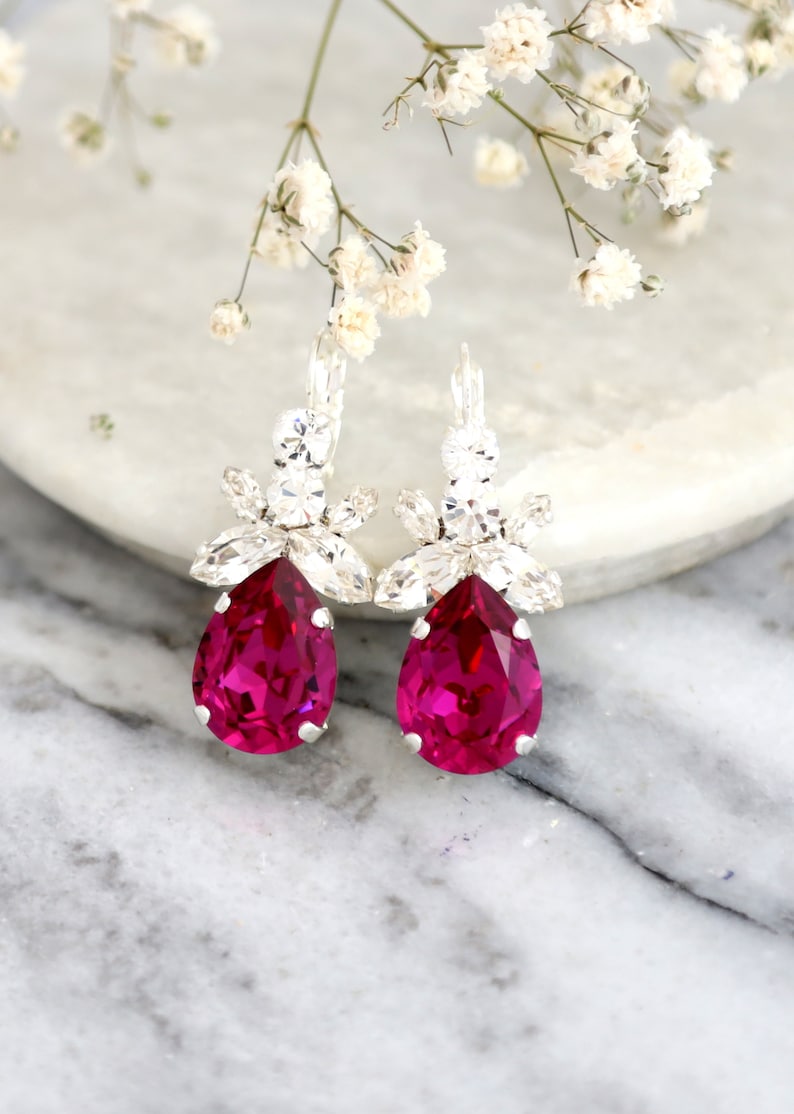 Pink Drop Earrings Fuchsia Crystal Drop Silver Earrings Pink | Etsy
