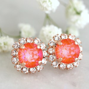 Orange Crystal Stud Earrings, Burnt Orange Earrings, Bridesmaid Gifts, Coral Stud Earrings, Gift For Her, Orange Crystal Stud Earrings